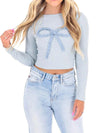Fitted Long Sleeve T-Shirt with Bow Detail - 100% Polyester, Slightly Stretchy Style - Store 42