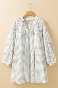 Frill Plaid Notched Balloon Sleeve Mini Dress