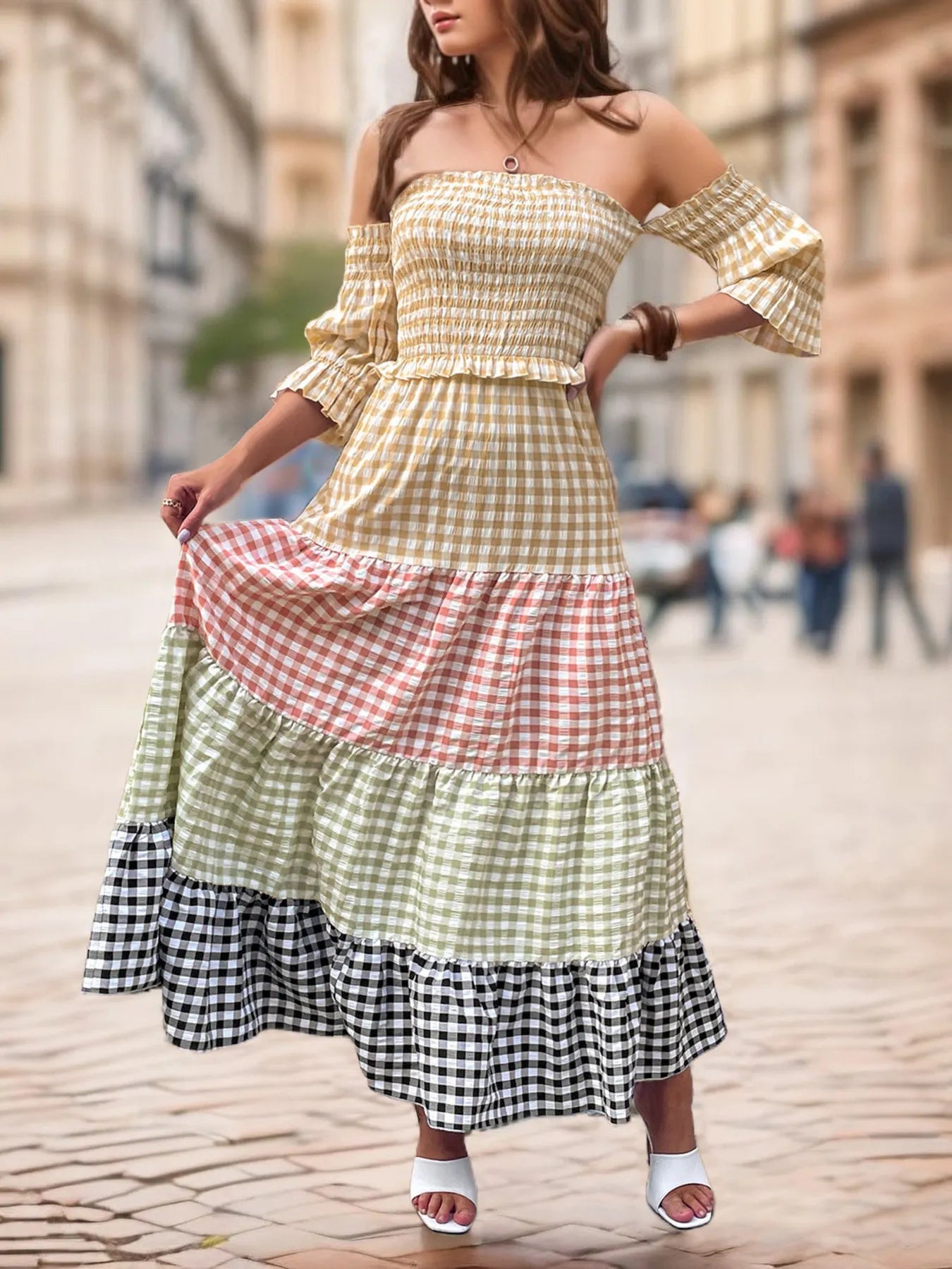 Color Block Plaid Off-Shoulder Maxi Dress with Tiered Ruffles and Smocked Detail - 100% Polyester