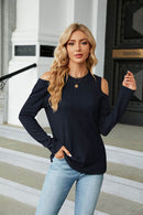 Trendsi Casual Cold-Shoulder Blouse with Long Sleeves and Round Neck - Solid Opaque Design - Store 42