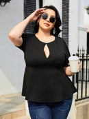 Trendy Plus Size Cutout Short Sleeve Blouse in Opaque Stretch Fabric for Comfort - Store 42