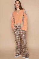 POL V-Neck Long Sleeve Plaid Contrast Top with Texture Knit Detail - Store 42