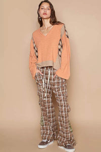 POL V-Neck Long Sleeve Plaid Contrast Top with Texture Knit Detail - Store 42