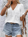 Slightly Stretchy Embroidered V-Neck Short Sleeve Top With Button Detail - 88% Viscose - Store 42