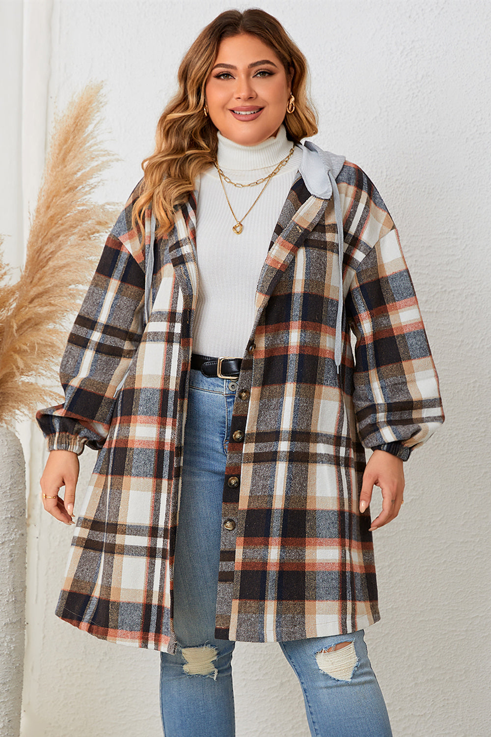 Plus Size Honey Plaid Drop Shoulder Hooded Coat for Women - Stylish & Comfortable