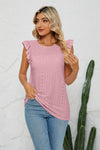 Trendy Smocked Round Neck Eyelet Top with Cap Flutter Sleeves - Casual Long Length Blouse - Store 42
