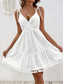 Surplice Summer Mini Dress with Tassel Hem