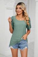 Trendsi Eyelet Puff Sleeve Top - Casual Solid Round Neck Design for Stylish Comfort - Store 42