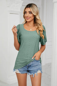 Trendsi Eyelet Puff Sleeve Top - Casual Solid Round Neck Design for Stylish Comfort - Store 42