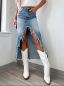 High-Waist Raw Hem Asymmetry Denim Skirt Light