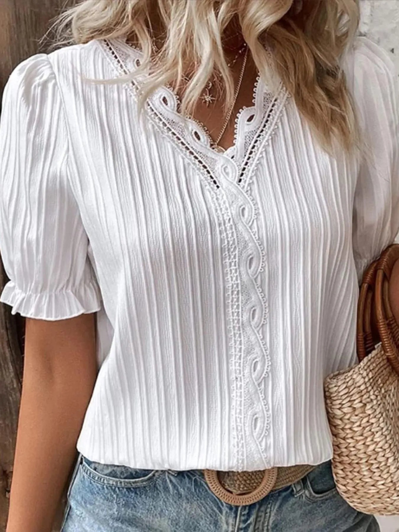 Plus Size Lace Detail V-Neck Blouse - Elegant 100% Polyester Top for Every Occasion