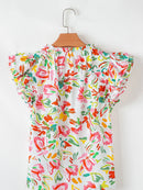 Multicolour Floral Printed Cap Sleeve Split Neck Blouse