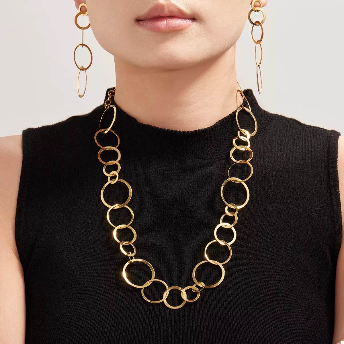 18K Gold-Plated Stainless Steel Chain Link Statement Necklace - 20.5 Inch Adjustable Length