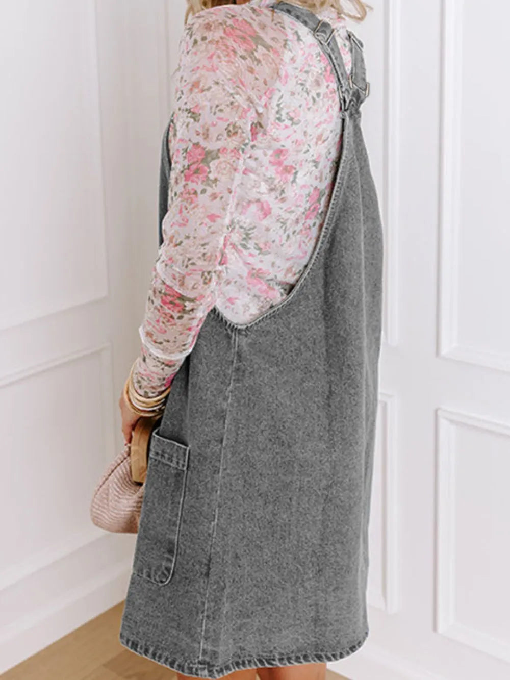 Wide Strap Button Down Denim Overall Dress - Slightly Stretchy, 75% Cotton, Machine Washable