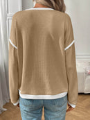 Slightly Stretchy Ribbed Long Sleeve Top with Contrast Trim - Elegant Basic Style - Store 42