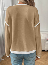 Slightly Stretchy Ribbed Long Sleeve Top with Contrast Trim - Elegant Basic Style - Store 42