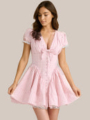 Gingham Ruffle Mini Dress with Lace Trim Pink Plaid