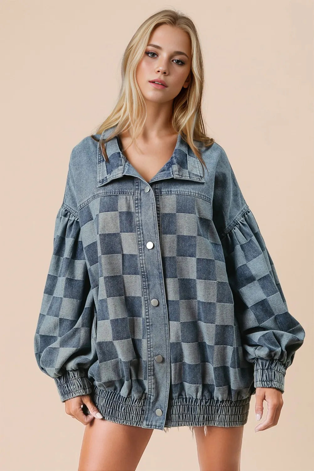 Stylish Double Take Checkered Denim Jacket for Women - 100% Cotton, Slightly Stretchy