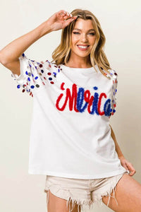 BiBi Metallic Letter Spangle Raglan Puff Sleeve Top - Store 42