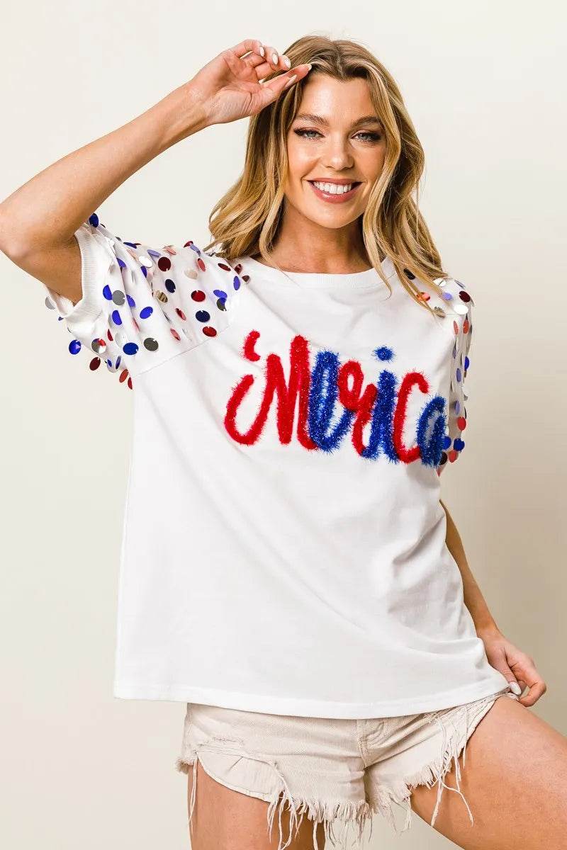 BiBi Metallic Letter Spangle Raglan Puff Sleeve Top - Store 42