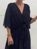 Full Size Flowy Tie Front Midi Dress with Flutter Sleeves Plus Size - Store 42