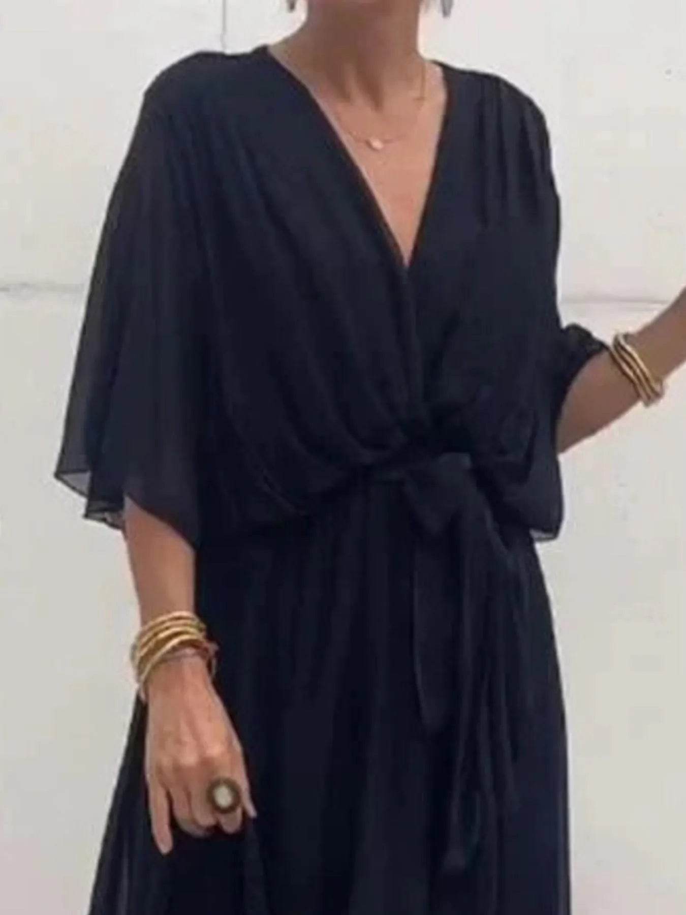 Full Size Flowy Tie Front Midi Dress with Flutter Sleeves Plus Size - Store 42