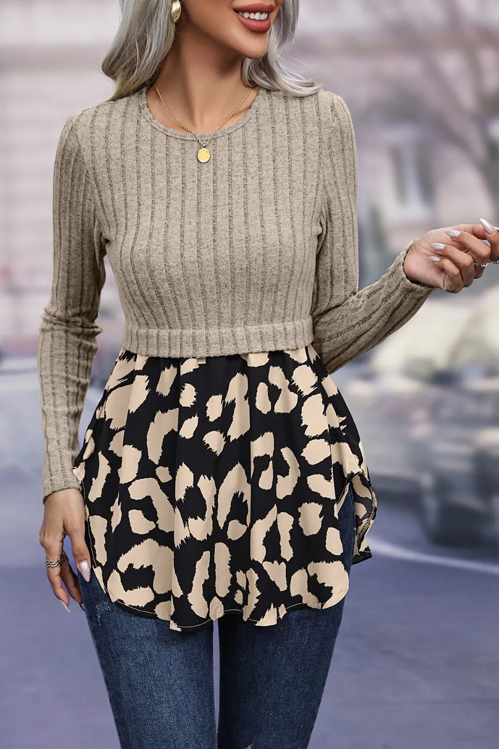 Ivy Lane Leopard Print Peplum Blouse with Round Neck, Slightly Stretchy Polyester Blend