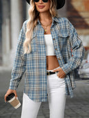 Oversized Plaid Button-Up Shirt Air Force Blue