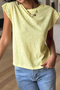 Lace Patchwork Cap Sleeve T-Shirt with Round Neck - Soft Polyester Cotton Blend - Store 42