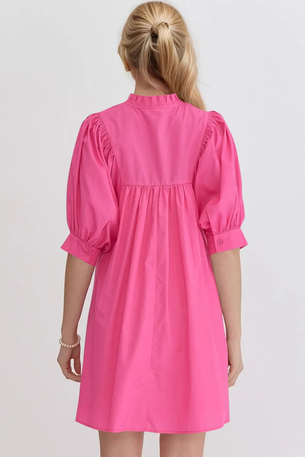 Oh Frill Notched Puff Sleeve Mini Dress With Pockets - 100% Cotton, Opaque, Casual Chic