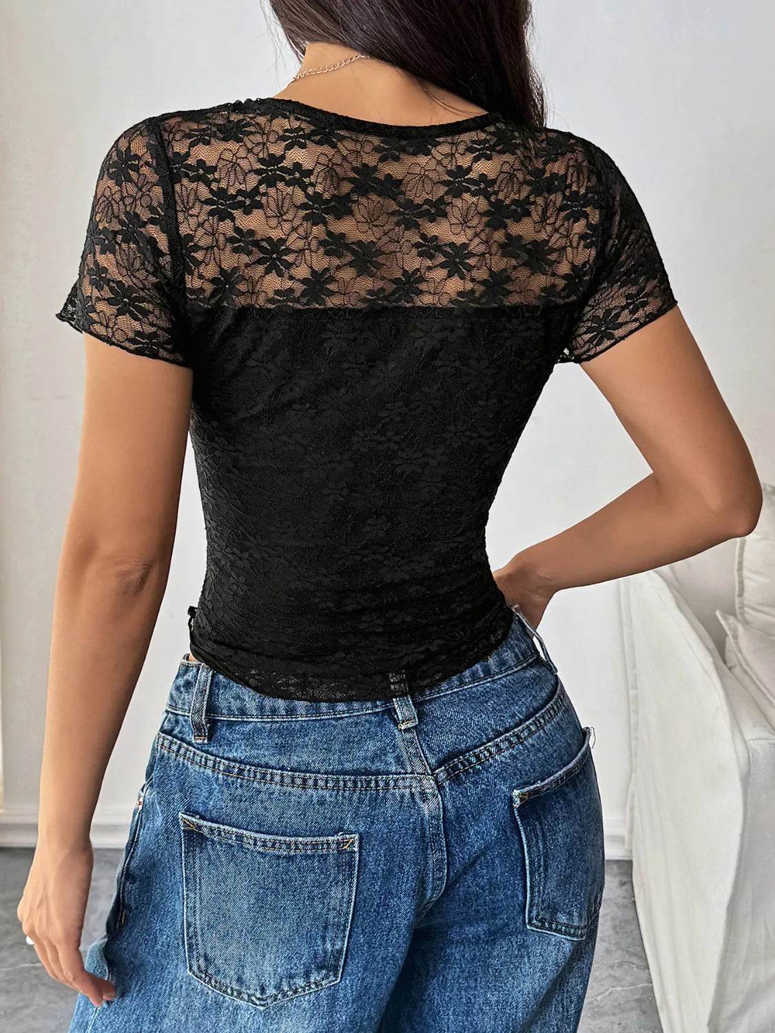 Trendy Lace Round Neck Short Sleeve Top - Highly Stretchy Polyester Blend - Store 42