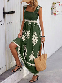 Smocked Printed Wide Strap Maxi Dress