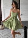Ruffle Layered Cami Mini Dress with Bow Belt Green