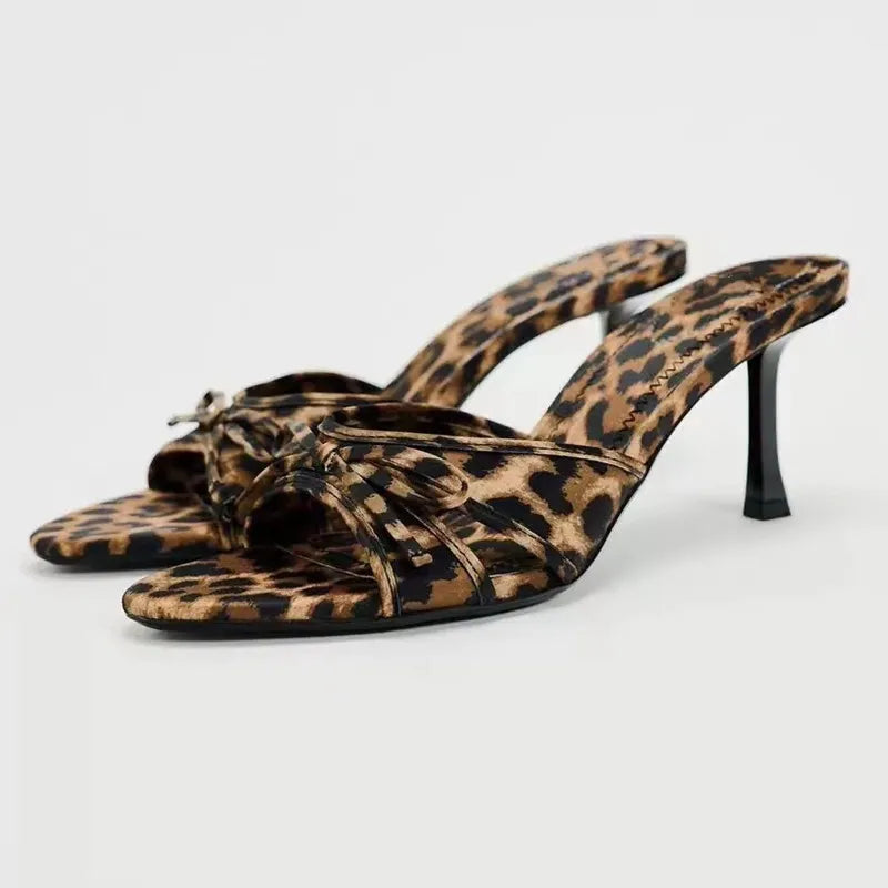 Stylish Bow Leopard Kitten Heel Sandals - Mid Heel Comfort with Chic Design