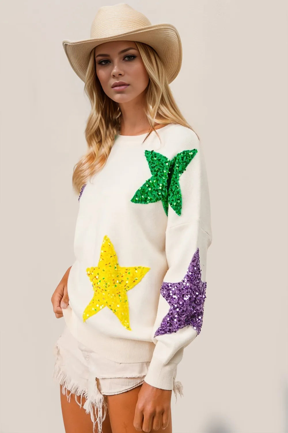 Double Take Sequin Star Round Neck Dropped Shoulder Sweater
