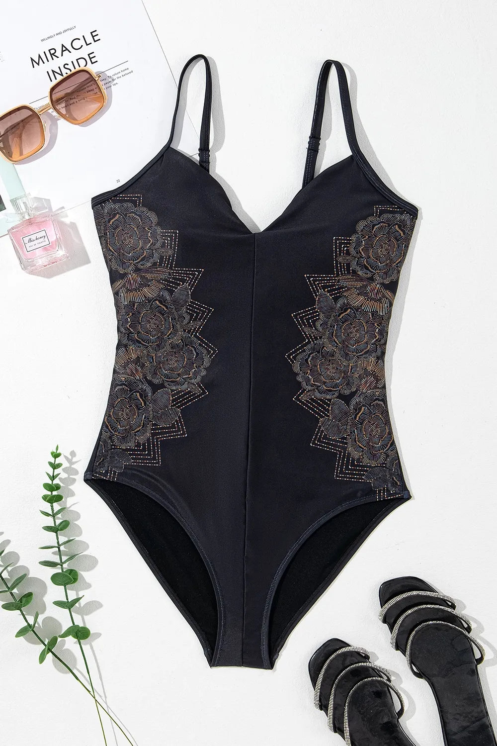 Embroidered V-Neck One-Piece Swimsuit with Removable Padding and Stretchy Comfort