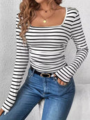 Chic Striped Square Neck Long Sleeve T-Shirt in Black and White - Fitted & Stretch Cotton Blend - Store 42