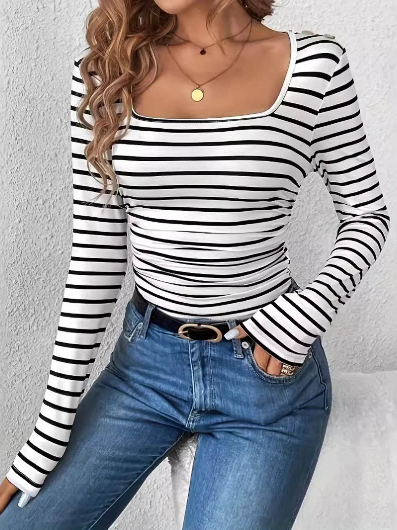 Chic Striped Square Neck Long Sleeve T-Shirt in Black and White - Fitted & Stretch Cotton Blend