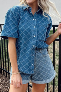 Pocketed Collared Neck Short Sleeve Denim Shirt