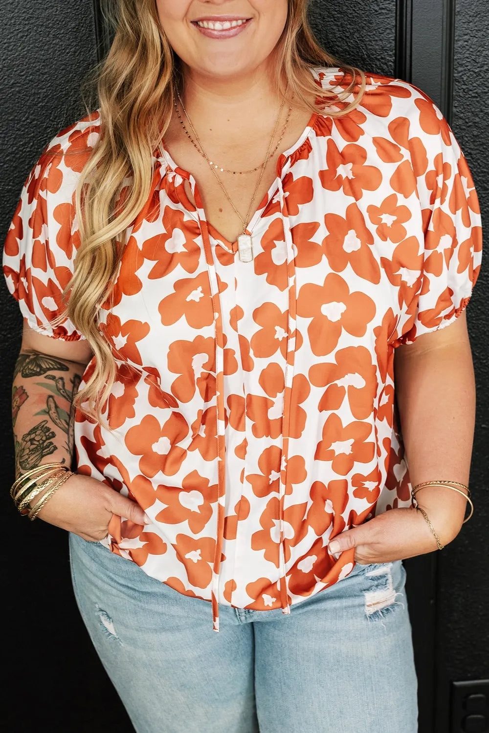 Plus Size 100% Polyester Printed Tie Neck Blouse with Short Sleeves - Opaque Design