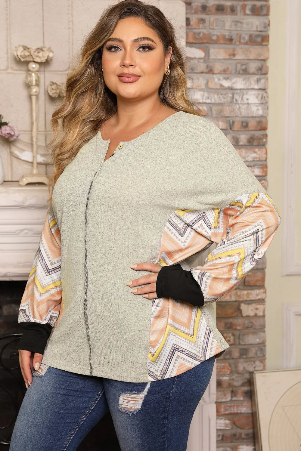 Trendsi Plus Size Long Sleeve T-Shirt with Exposed Seam Print - Opaque, Slightly Stretchy