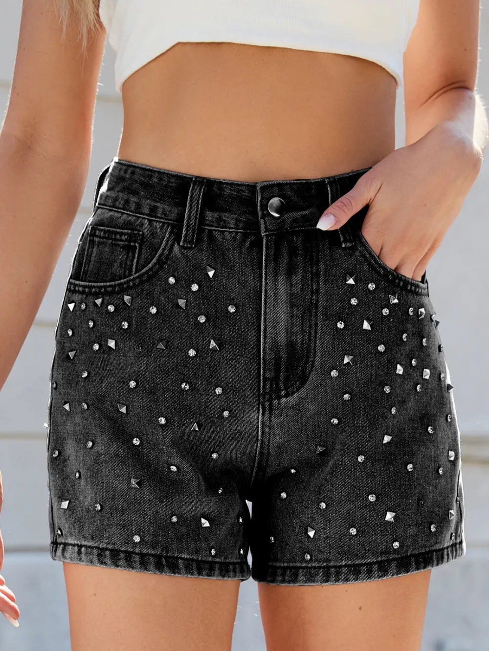 Rhinestone Embellished High Waist Denim Shorts for Women - Washed Blue, Pocketed Style