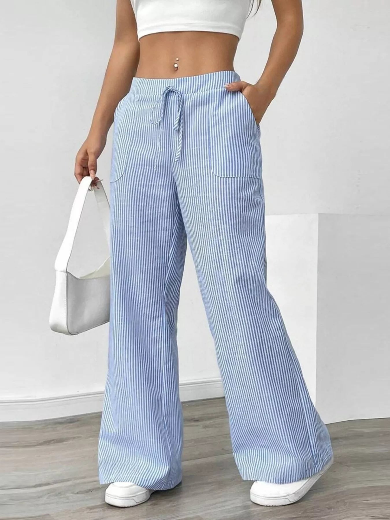 Trendy Striped Wide Leg Pants with Pockets - 100% Polyester, Comfortable Fit