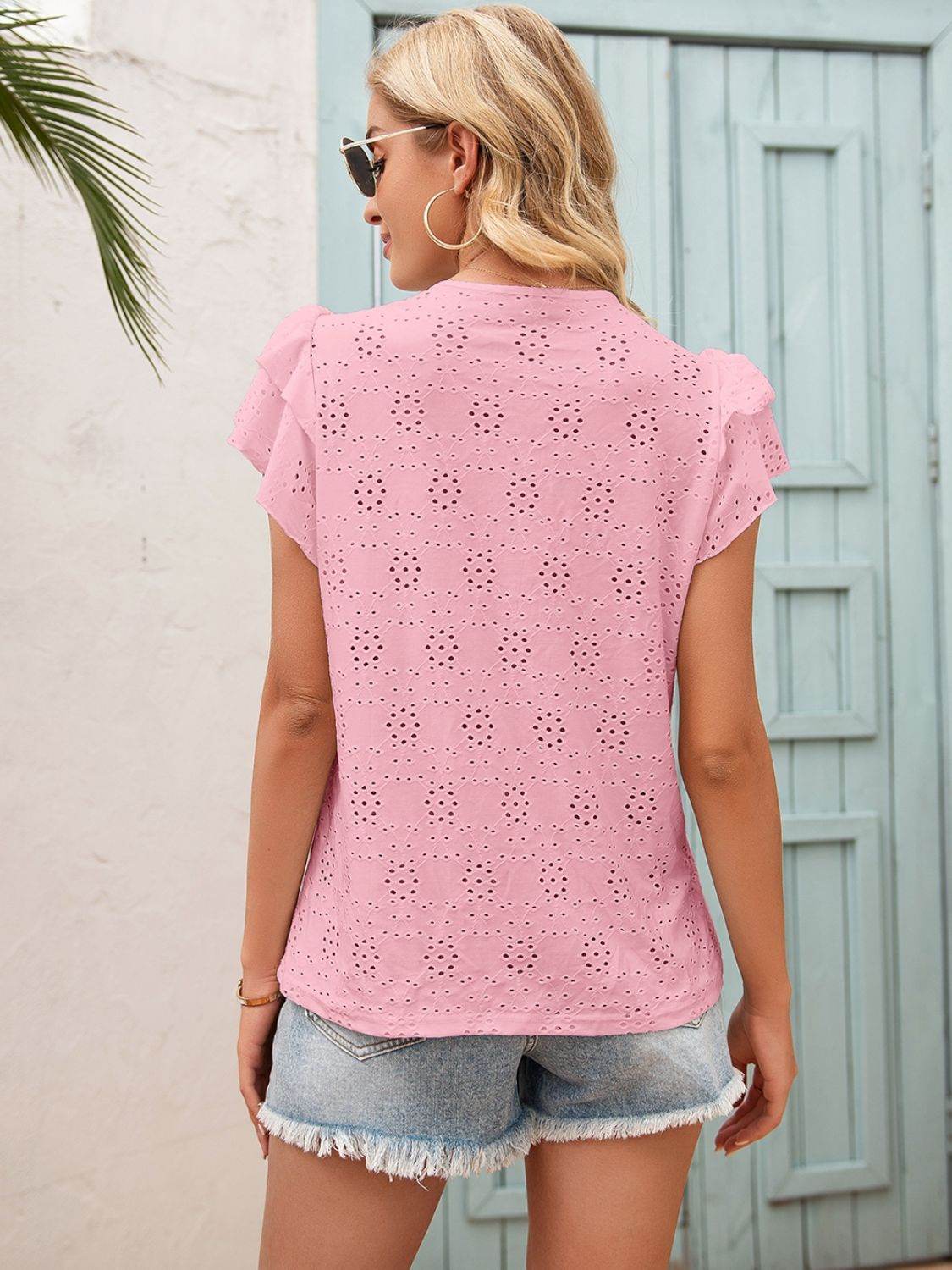 Ivy Lane Solid Eyelet Tie Neck Flutter Sleeve Blouse for Casual Elegance