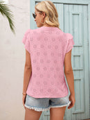 Ivy Lane Solid Eyelet Tie Neck Flutter Sleeve Blouse for Casual Elegance - Store 42