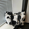 Large Cow Print Furry Tote Bag - Stylish Faux Fur, PU Leather, and Polyester Material - Store 42