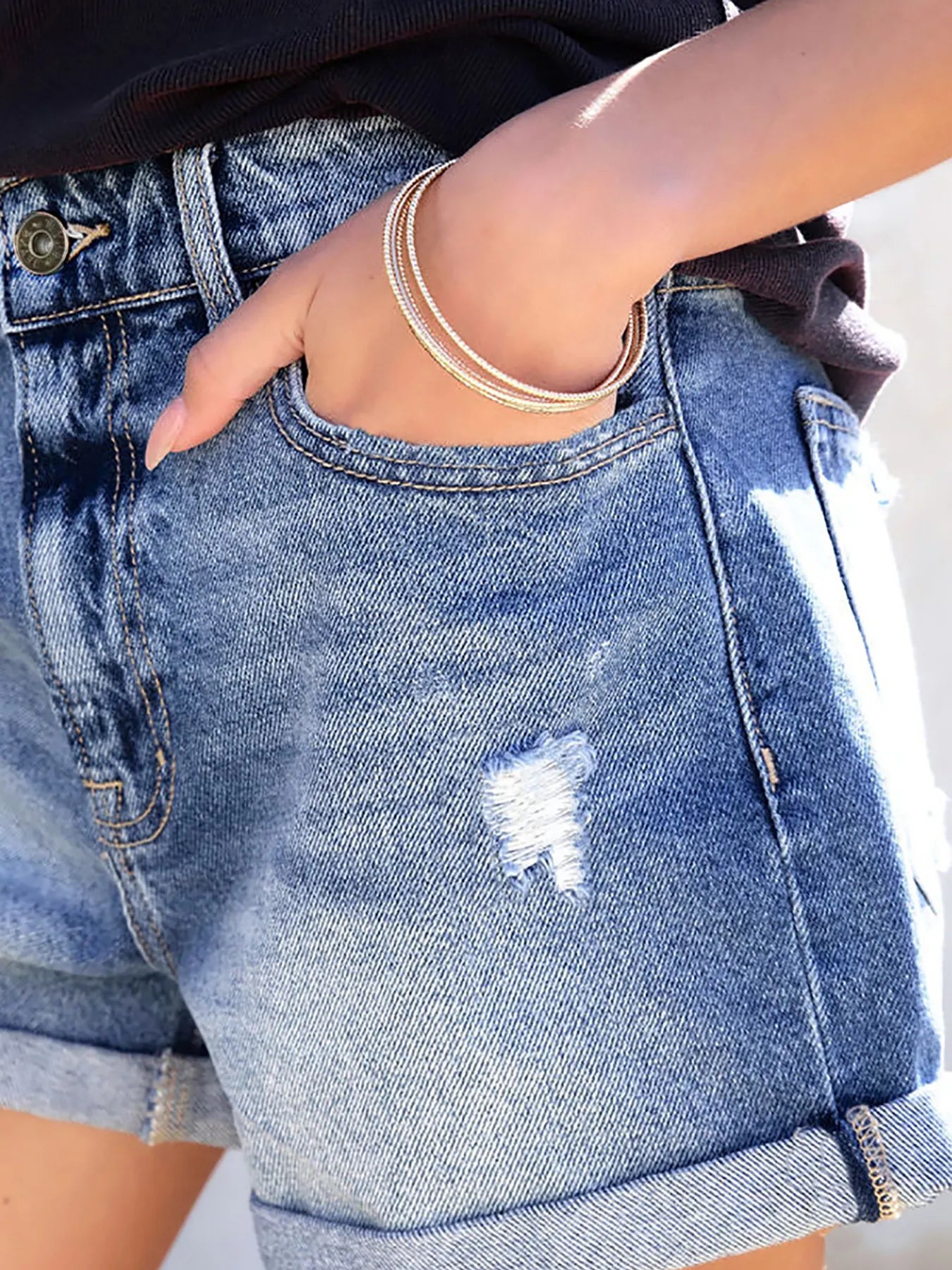 Trendsi Distressed Denim Shorts with Pockets - Casual, Slightly Stretchy, and Stylish