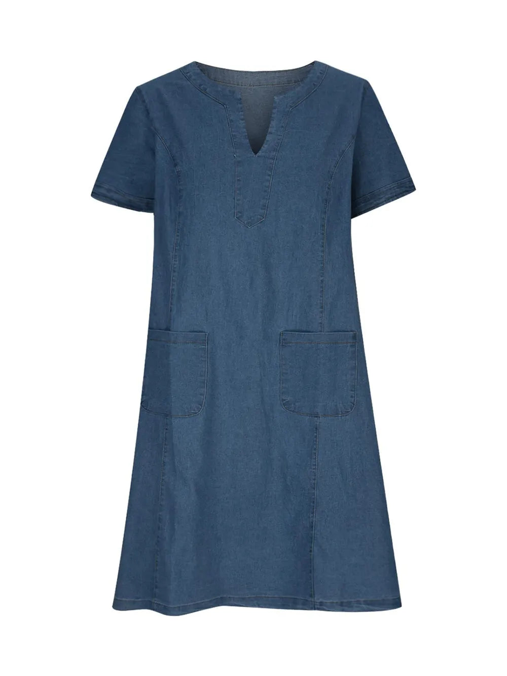 Stylish Full Size Notched Short Sleeve Denim Dress with Pockets - 95% Rayon, 5% Polyester
