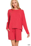 Zenana Corded Rib Long Sleeve Tee and Shorts Set RUBY