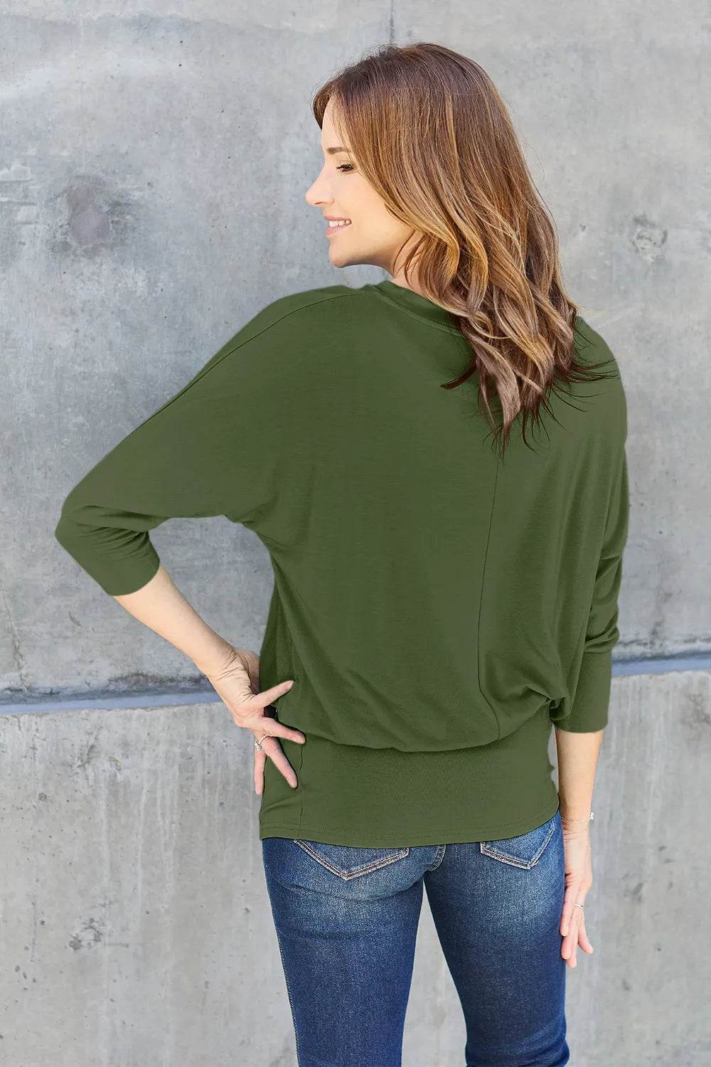 Basic Bae Full Size Round Neck Batwing Sleeve Top - Soft Stretch Rayon Blend, Opaque Design - Store 42
